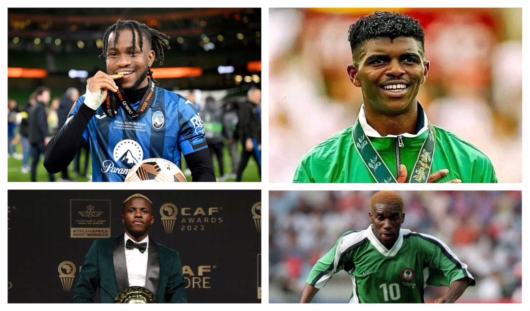 Four Nigerian soccer players in various settings.