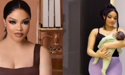 Woman in brown dress; woman holding baby in green.