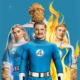 Fantastic Four superheroes in blue suits, flames visible.